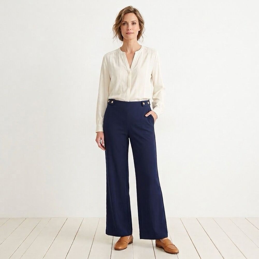 Chico's Navy Blue Wide Leg Pants Size 0 US S Regular Stretch Gold Accent Sailor